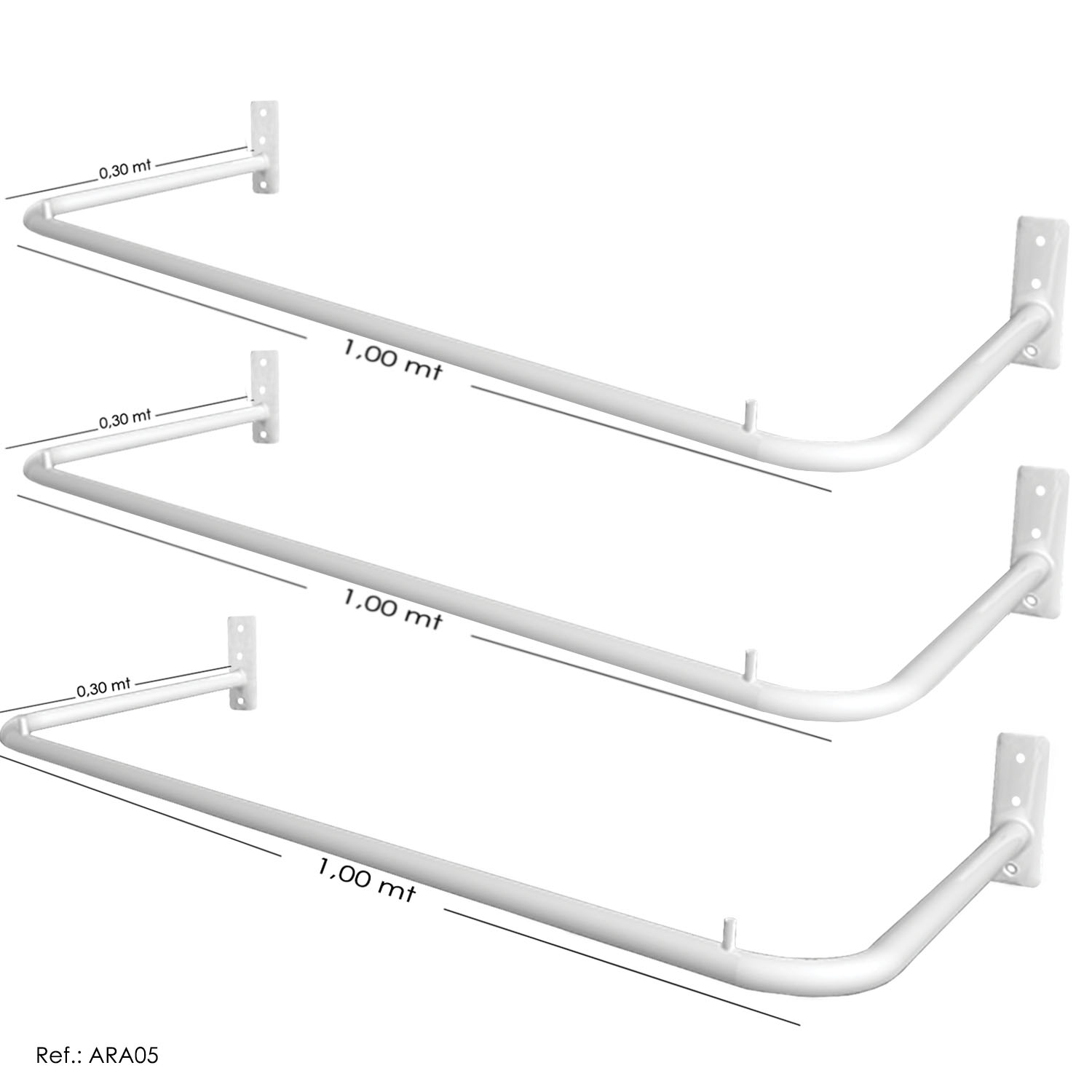 Arara de roupas de Parede Branca - 1,00 x 0,30 - 3 Unidades