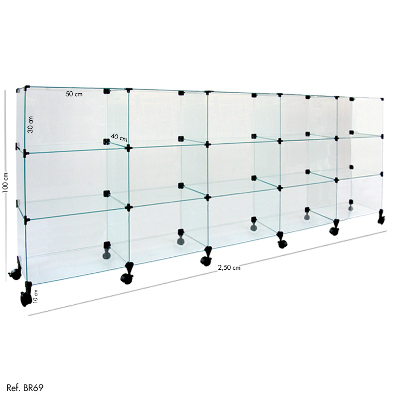 Balcão de Atendimento Modulado em Vidro com Rodízios - 2,50 x 1,00 X 0,40