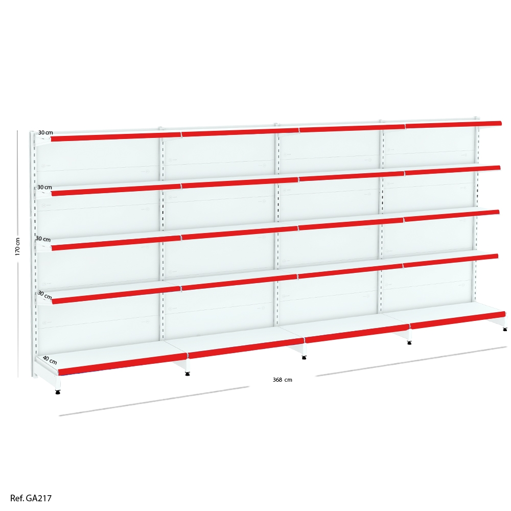 Gondola Parede Flex Branco e vermelho 4m + 1 Inicial + 3 Continuacao
